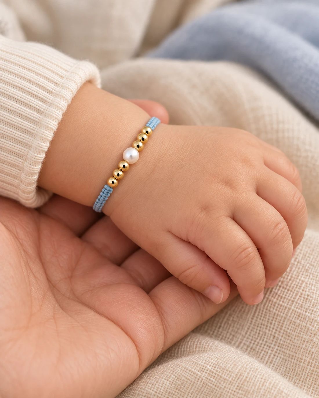 Pulsera de bebé con balines de oro, en la muñeca de un bebé