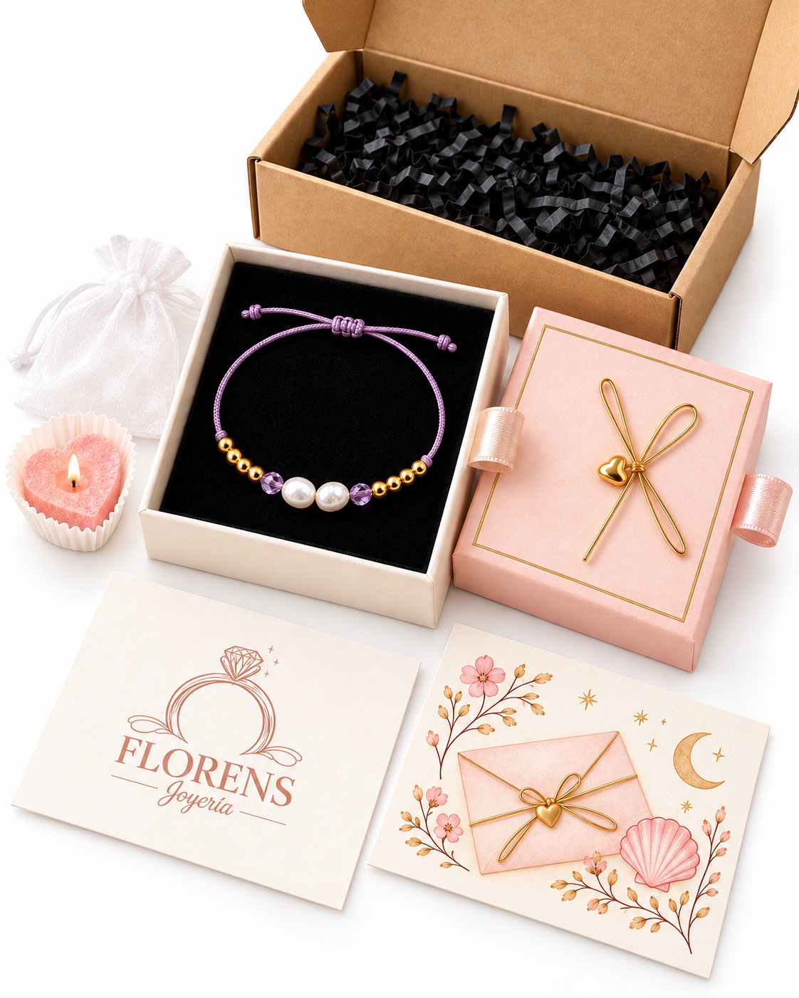 Oro y perlas en su presentación Florens sobre blanco